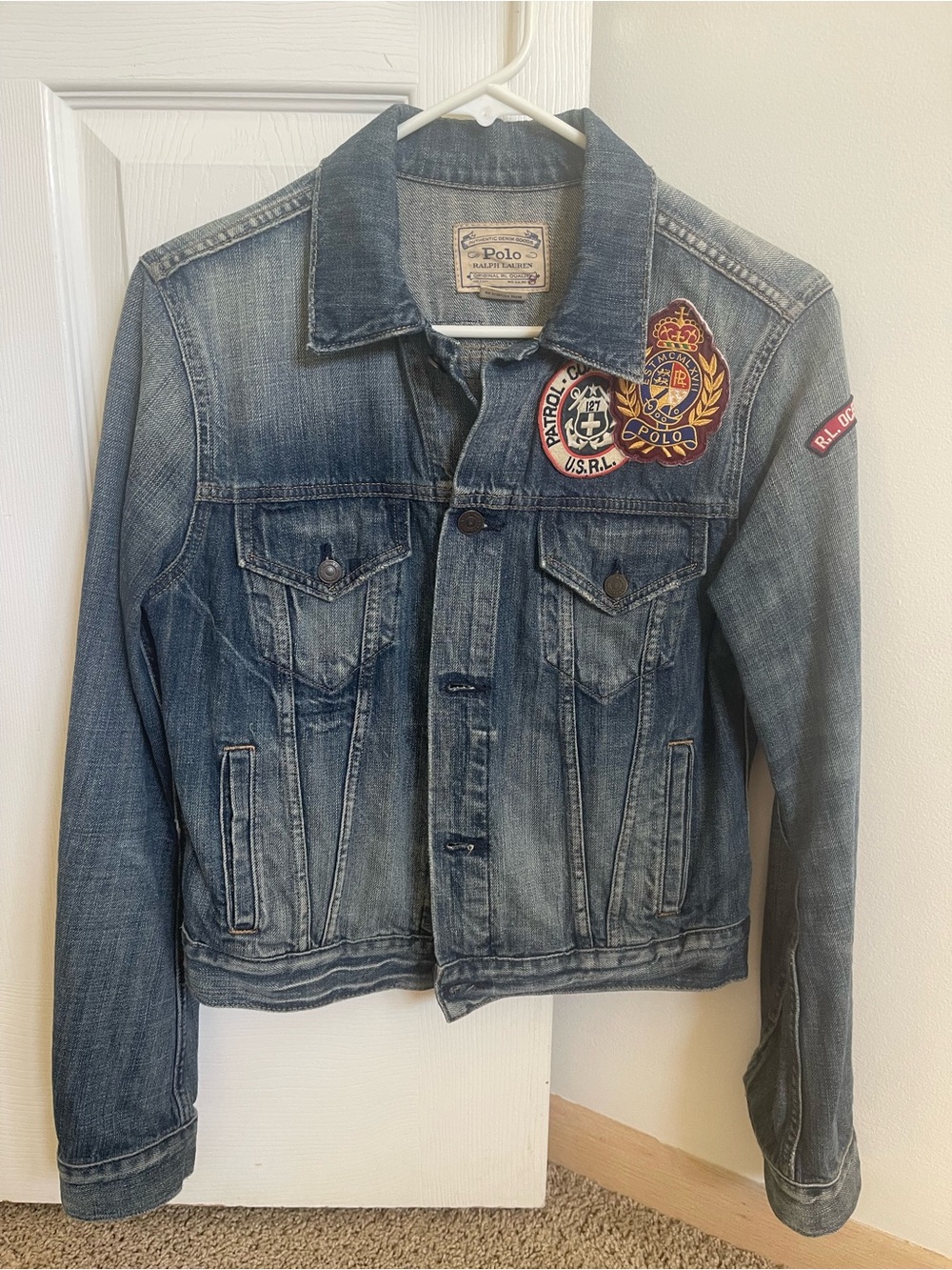 Polo by Ralph Lauren Distressed Blue Denim Jacket with Embroidered Crest Patches